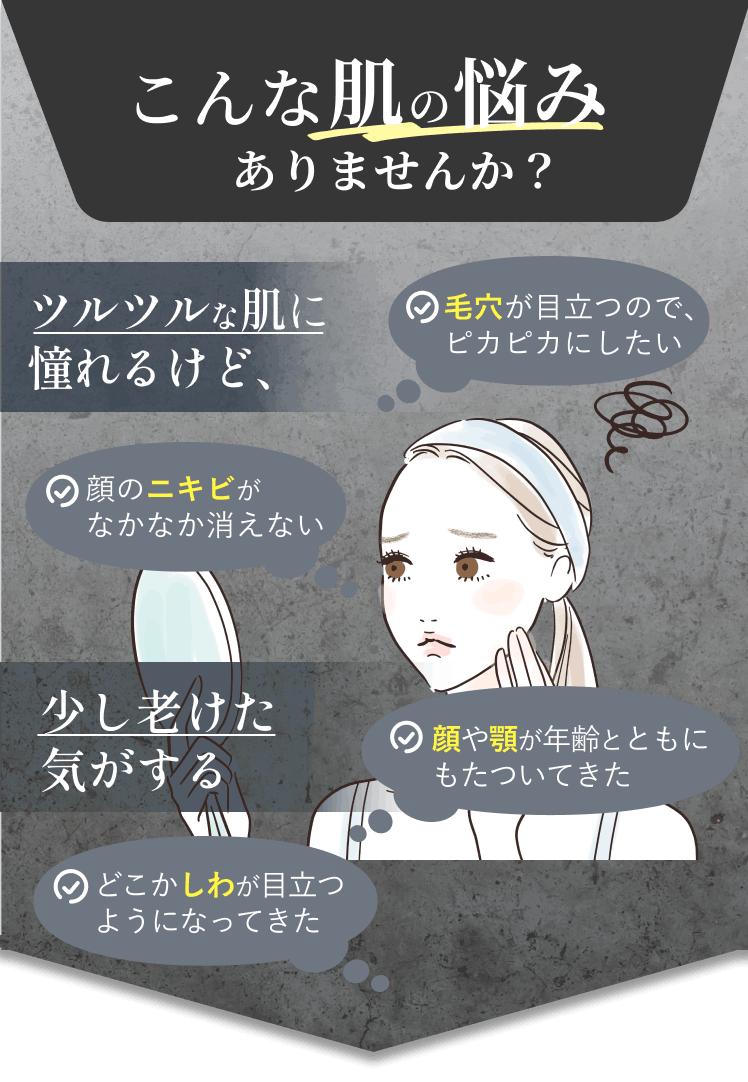 こんな肌の悩みありませんか ツルツルな肌に憧れるけど、顔のニキビがなかなか消えない 毛穴が目立つのでピカピカにしたい 少し老けた気がする 顔や顎が年齢とともにもたついてきた どこかしわが目立つようになってきた