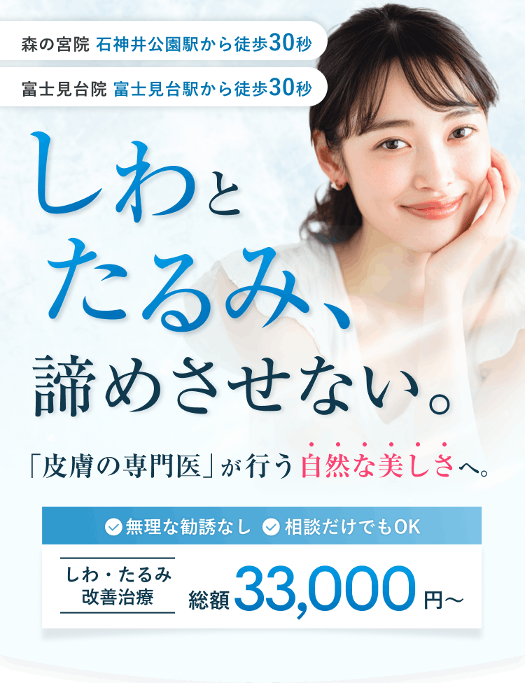 しわとたるみ、諦めさせない。皮膚の専門医が行う自然な美しさへ。無理な勧誘なし、相談だけでもOK。しわ・たるみ改善治療 総額99,999円〜