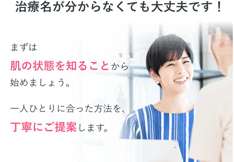 治療名が分からなくても大丈夫です。まずは肌の状態を知ることから始めましょう。一人ひとりに合った方法を丁寧にご提案します。