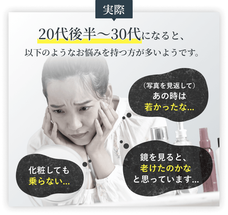 実際 20代後半〜30代になると、以下のようなお悩みを持つ方が多いようです。写真を見返してあの時は若かったな… 化粧しても乗らない… 鏡を見ると、老けたのかなと思っています…